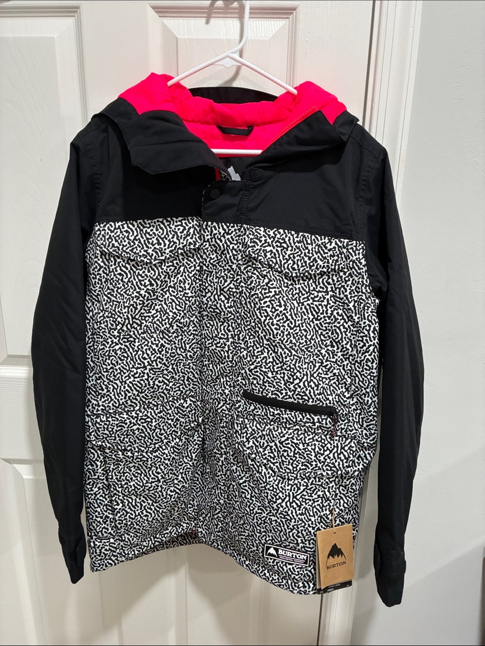 Burton Black & White Abstract Print Jacket with Bright Pink Hood